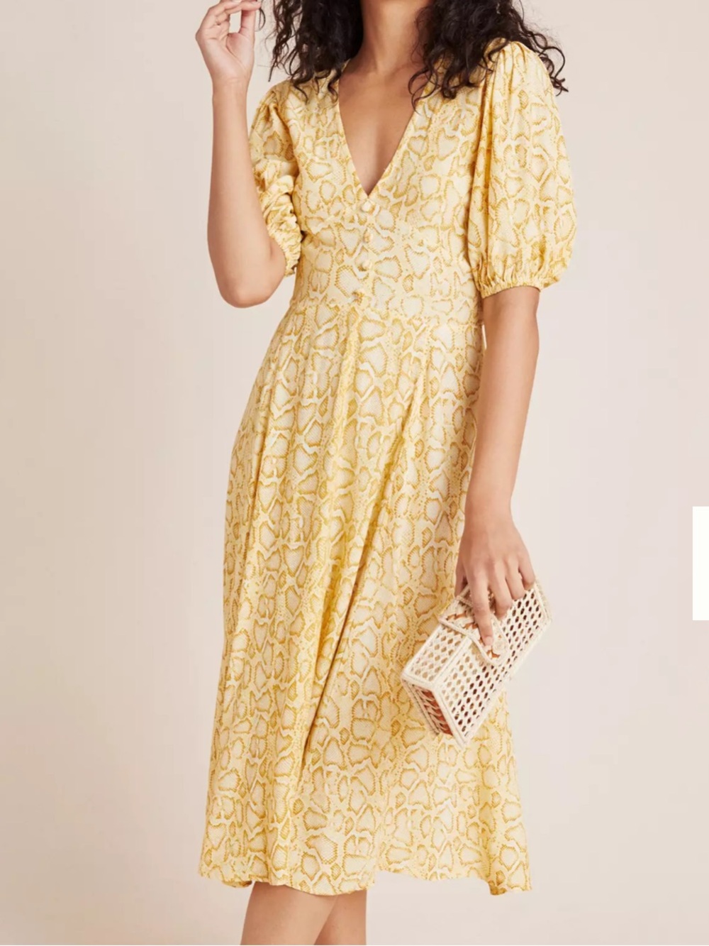 Faithfull the Brand Yellow V-Neck Puff Sleeve Midi Dress
